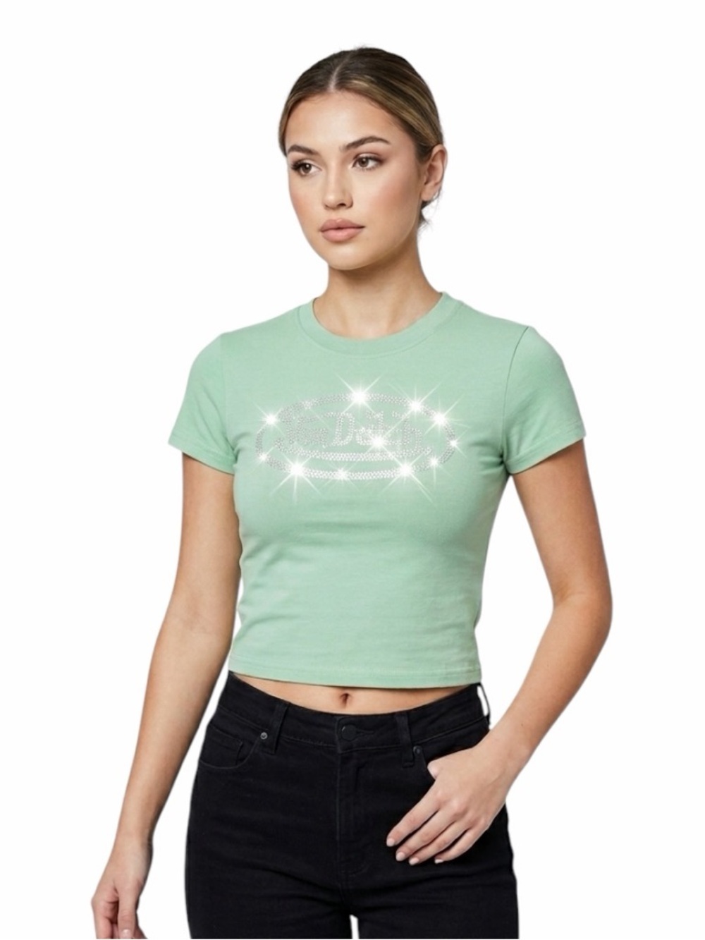 Von Dutch Rhinestone Logo Baby Tee in Sage Green NWT Size Small